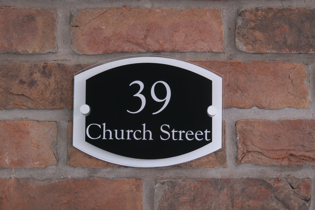 Double Layer Acrylic House Sign - Rounded Rectangle - Black/Stainless Steel Effect