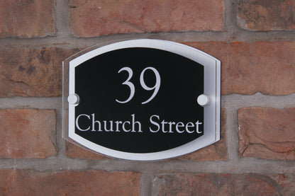 Double Layer Acrylic House Sign - Rounded Rectangle - Black/Stainless Steel Effect