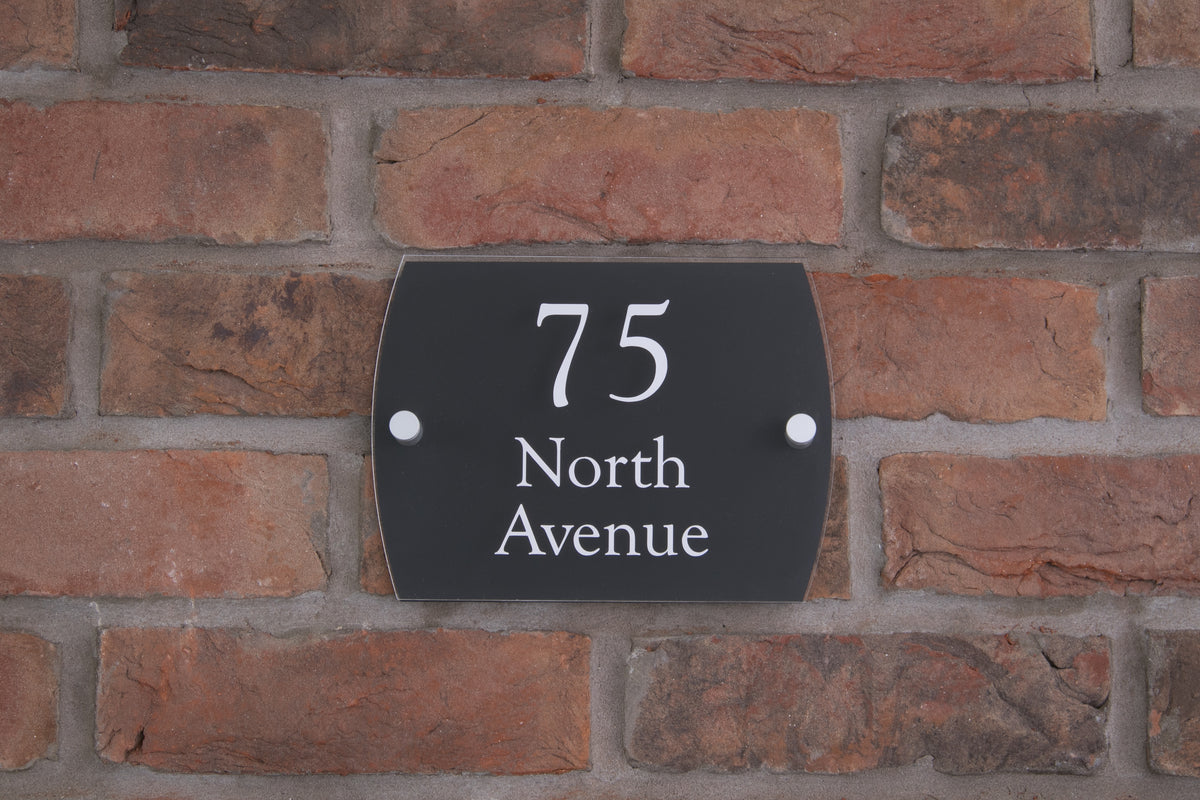 Double Layer Acrylic House Sign - Rounded Rectangle - Black/Stainless Steel Effect