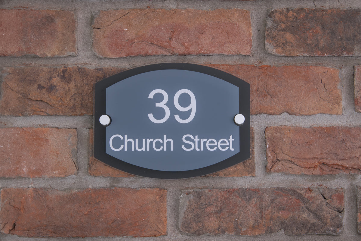 Double Layer Acrylic House Sign - Rounded Rectangle - Black/Stainless Steel Effect