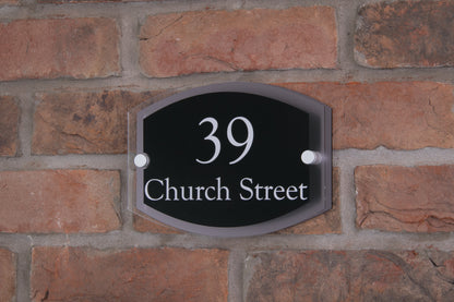 Double Layer Acrylic House Sign - Rounded Rectangle - Black/Stainless Steel Effect