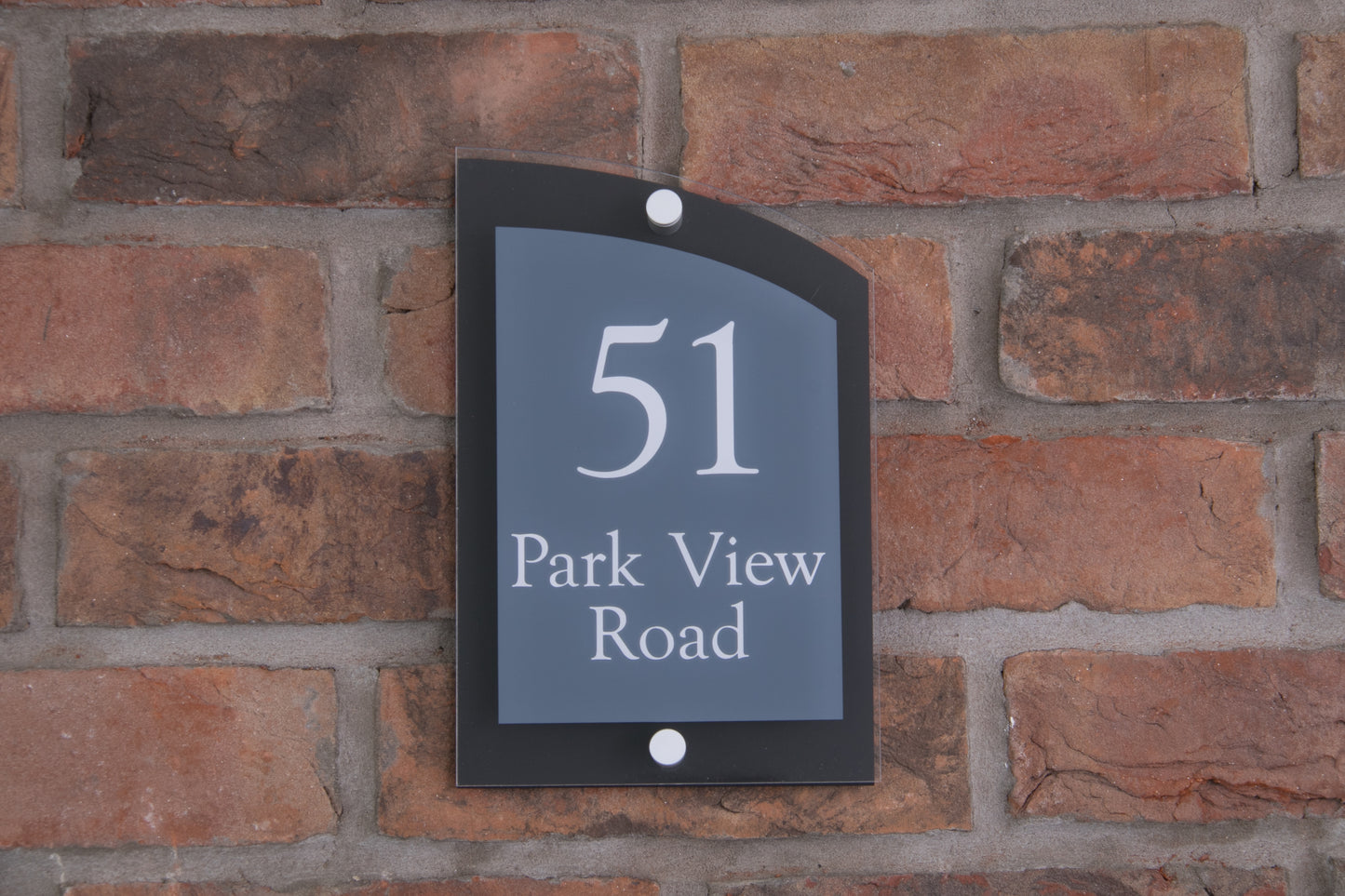Double Layer Acrylic House Sign - Curved Rectangle - Navy/Stainless Steel Effect