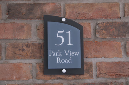 Double Layer Acrylic House Sign - Curved Rectangle - Navy/Stainless Steel Effect
