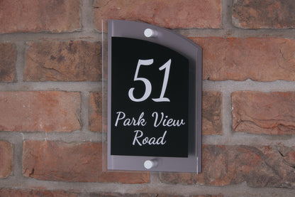 Double Layer Acrylic House Sign - Curved Rectangle - Navy/Stainless Steel Effect