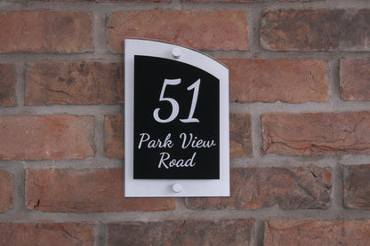Double Layer Acrylic House Sign - Curved Rectangle - Navy/Stainless Steel Effect
