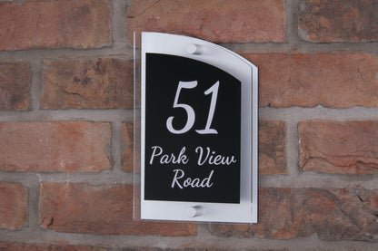 Double Layer Acrylic House Sign - Curved Rectangle - Navy/Stainless Steel Effect