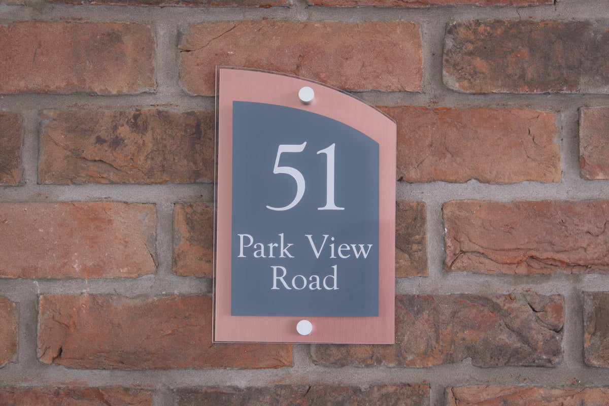 Double Layer Acrylic House Sign - Curved Rectangle - Navy/Stainless Steel Effect