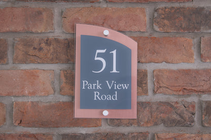 Double Layer Acrylic House Sign - Curved Rectangle - Navy/Stainless Steel Effect