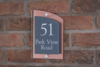 Double Layer Acrylic House Sign - Curved Rectangle - Navy/Stainless Steel Effect