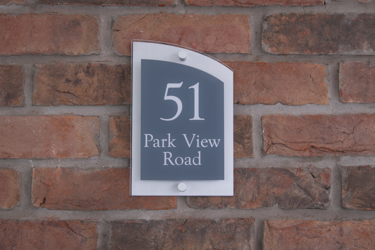Double Layer Acrylic House Sign - Curved Rectangle - Navy/Stainless Steel Effect
