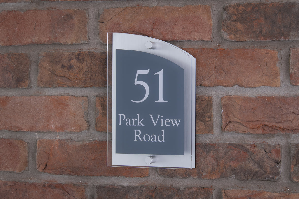 Double Layer Acrylic House Sign - Curved Rectangle - Navy/Stainless Steel Effect