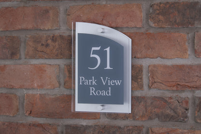 Double Layer Acrylic House Sign - Curved Rectangle - Navy/Stainless Steel Effect