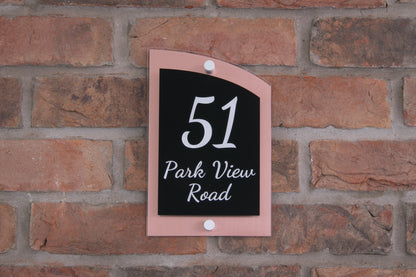 Double Layer Acrylic House Sign - Curved Rectangle - Navy/Stainless Steel Effect