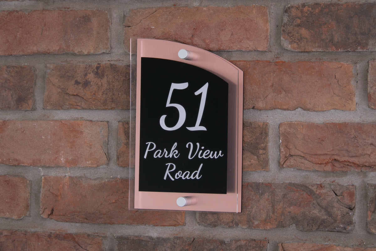Double Layer Acrylic House Sign - Curved Rectangle - Navy/Stainless Steel Effect