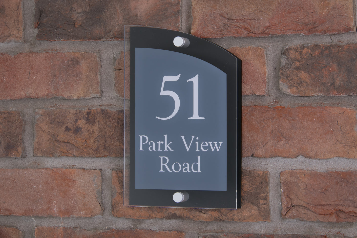 Double Layer Acrylic House Sign - Curved Rectangle - Navy/Stainless Steel Effect