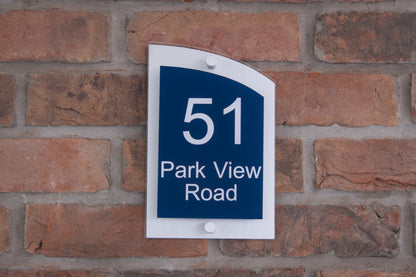 Double Layer Acrylic House Sign - Curved Rectangle - Navy/Stainless Steel Effect