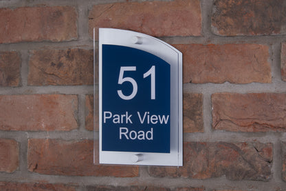 Double Layer Acrylic House Sign - Curved Rectangle - Navy/Stainless Steel Effect