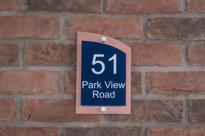 Double Layer Acrylic House Sign - Curved Rectangle - Navy/Stainless Steel Effect