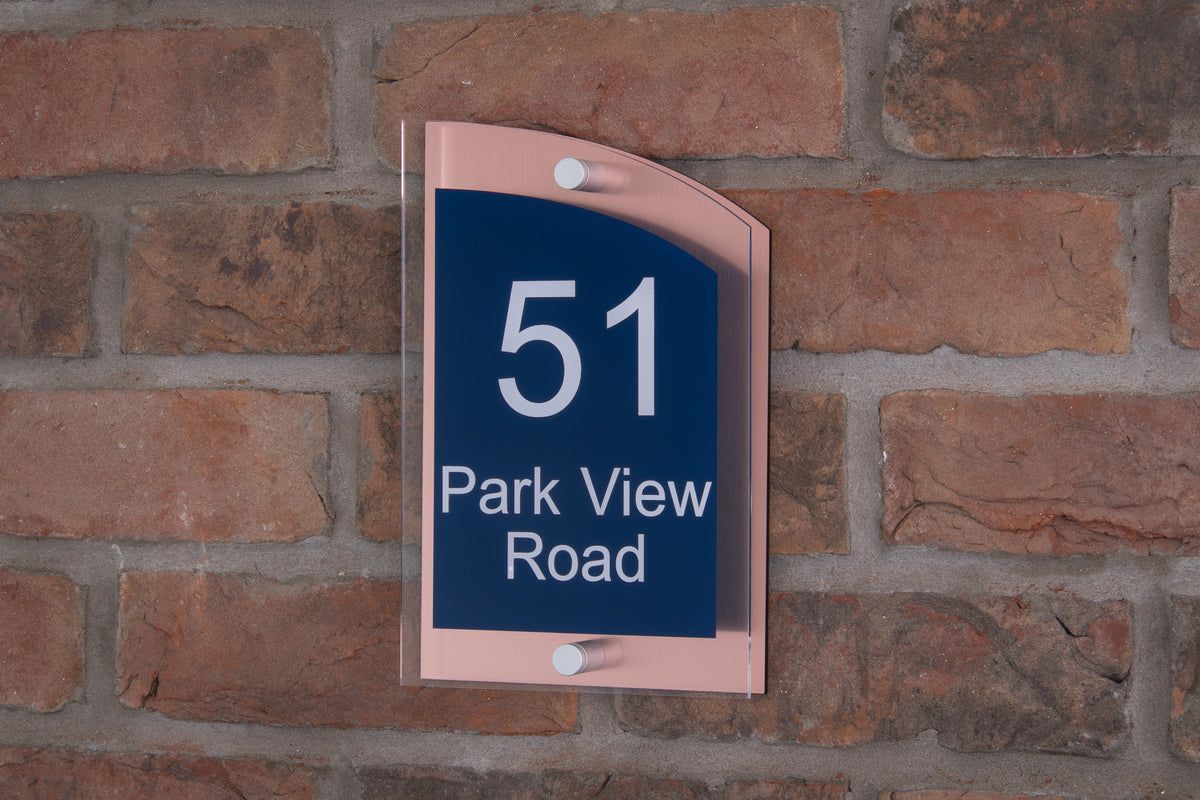 Double Layer Acrylic House Sign - Curved Rectangle - Navy/Stainless Steel Effect