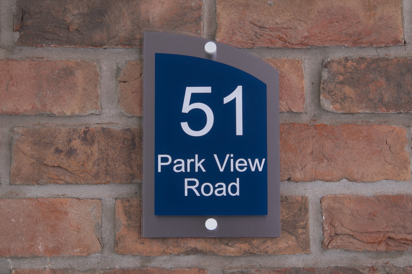 Double Layer Acrylic House Sign - Curved Rectangle - Navy/Stainless Steel Effect