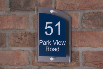 Double Layer Acrylic House Sign - Curved Rectangle - Navy/Stainless Steel Effect
