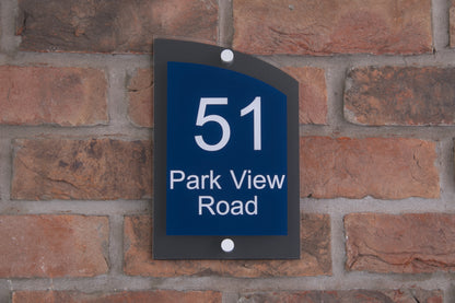 Double Layer Acrylic House Sign - Curved Rectangle - Navy/Stainless Steel Effect