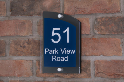 Double Layer Acrylic House Sign - Curved Rectangle - Navy/Stainless Steel Effect