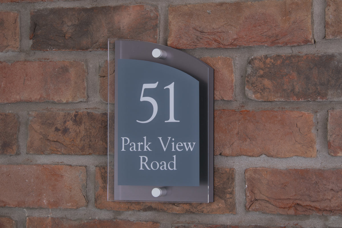 Double Layer Acrylic House Sign - Curved Rectangle - Navy/Stainless Steel Effect