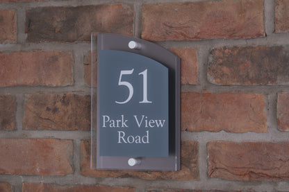 Double Layer Acrylic House Sign - Curved Rectangle - Navy/Stainless Steel Effect