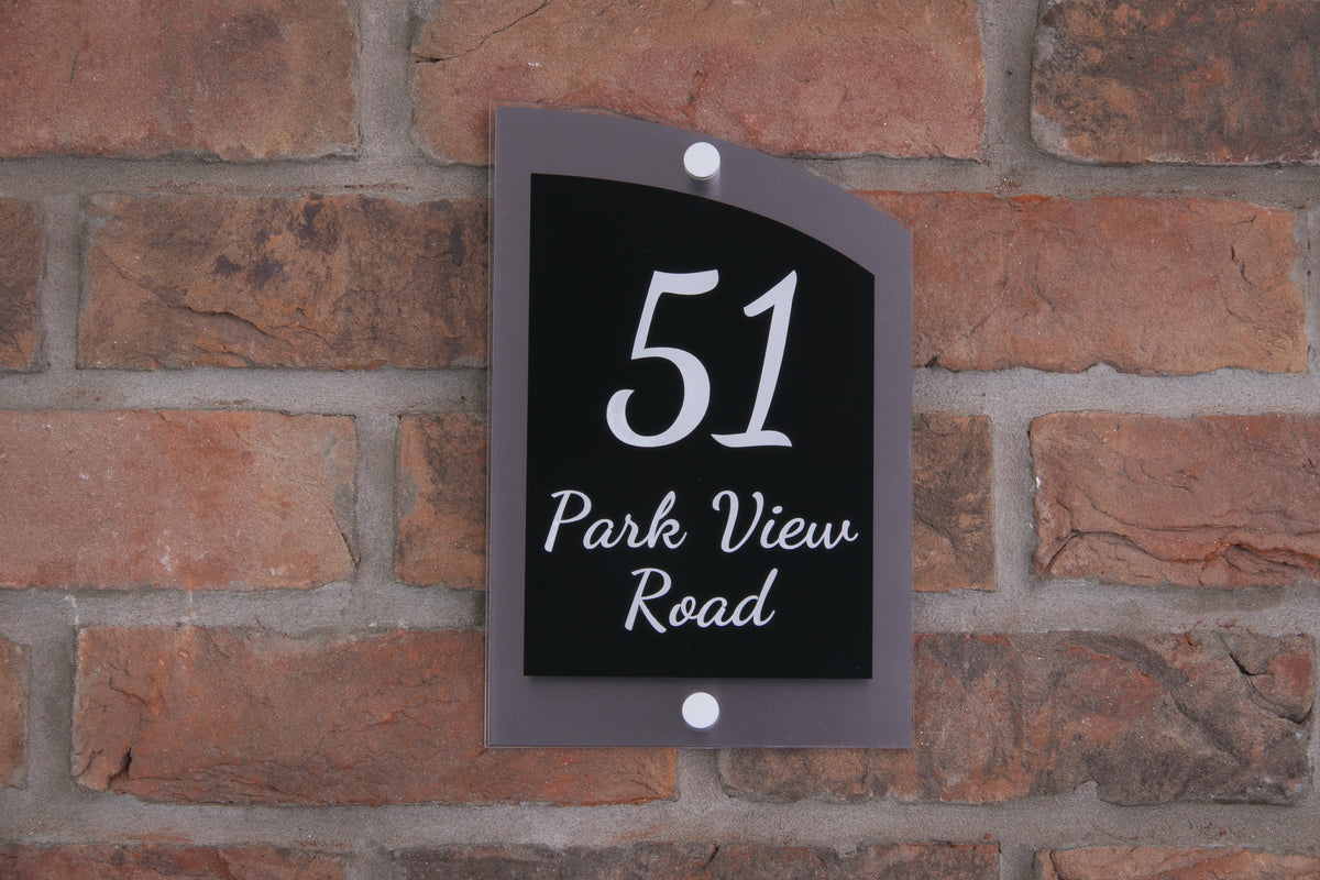 Double Layer Acrylic House Sign - Curved Rectangle - Navy/Stainless Steel Effect